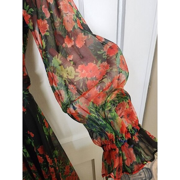 Vintage RONA New York - Chiffon Maxi Dress Black Red Floral Union Label Size S - Picture 5 of 7